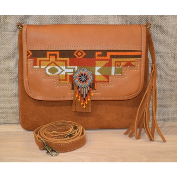 Torebka ze skóry etno w brązowym kolorze  z koralikami mullo .